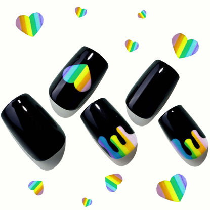 Picture of Black Heart Press on Nails Short Square, GLAMERMAID Glue on Nails for Mother's Day Gift | Rainbow Sweet Heart False Nail Kits, Fake Nails Short Oval, Acrylic Stick on Nails Sets for Women Girlfriend Gift