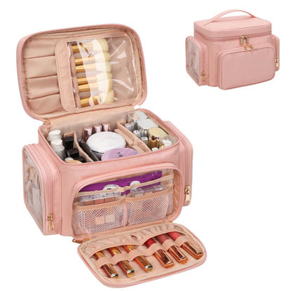 Picture of Bagmoly Large Makeup Bag, Portable Travel Makeup Bag Organizer for Women Girls with Makeup Brush Compartment & Two Side Pockets, Cosmetic Travel Bag Vertical Storage Toiletry Bag - Pink