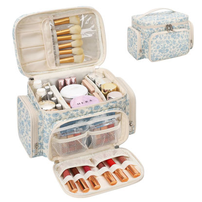 Picture of Large Cotton Makeup Bag, Quilted Floral Makeup Bag Organizer for Women Girls with Makeup Brush Compartment & Two Side Pockets, Cosmetic Travel Bag Vertical Storage- Blue Flower