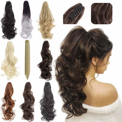Picture of FELENDY Ponytail Extension Claw 18" 20" Curly Wavy Straight Clip in Hairpiece One Piece A Jaw Long Pony Tails for Women (Natural Black,Straight)