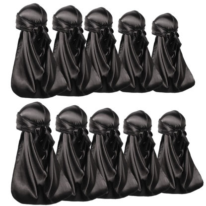 Picture of 10 Pieces Silky Durags Long Tail for Women Men Satin Durag 360 wave，Dorag, Black Durag