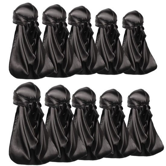 Picture of 10 Pieces Silky Durags Long Tail for Women Men Satin Durag 360 wave，Dorag, Black Durag