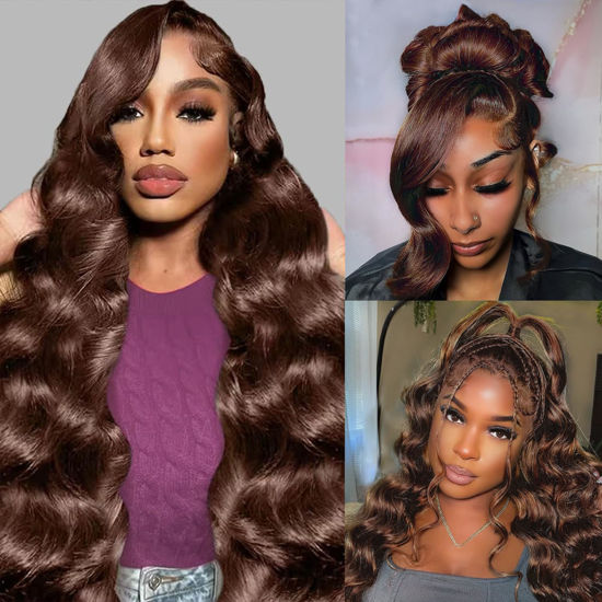 Picture of Ruaswey 28 Inch Chocolate Brown Lace Front Wig 200 Density HD Brown Lace Front Wigs Human Hair Pre Plucked Chocolate Brown Body Wave Human Hair Wig 4# Colored 13x4 Lace Frontal Wigs Human Hair