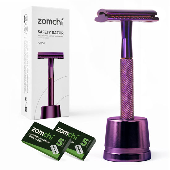Picture of ZOMCHI Double Edge Safety Razor with 10 Safety Razor Blades, Women & Men’s Safety Shaving Razor with Stand, Reusable Razor, Plastic Free - Purple