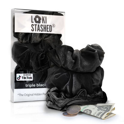 Picture of LokiStashed 3-PACK Velvet Hair Tie Scrunchies for VSCO Girls & Women, THE ORIGINAL HIDDEN POCKET SCRUNCHIE with Zipper Pocket Storage, Accessories, Small Items, Keys, Money (Triple Black Set)