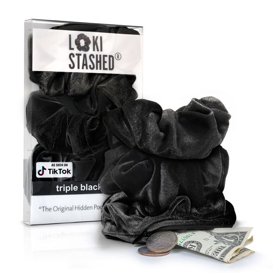 Picture of LokiStashed 3-PACK Velvet Hair Tie Scrunchies for VSCO Girls & Women, THE ORIGINAL HIDDEN POCKET SCRUNCHIE with Zipper Pocket Storage, Accessories, Small Items, Keys, Money (Triple Black Set)