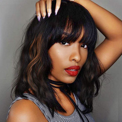 Picture of Ucubb Black Mixed Brown Wig for Black Women 14 Inch Short Wavy Hair Wigs Curly Bob Wig with Bangs Wigs Shoulder Length Wigs for Black Women Bob Style Synthetic Heat Resistant Bob Wigs