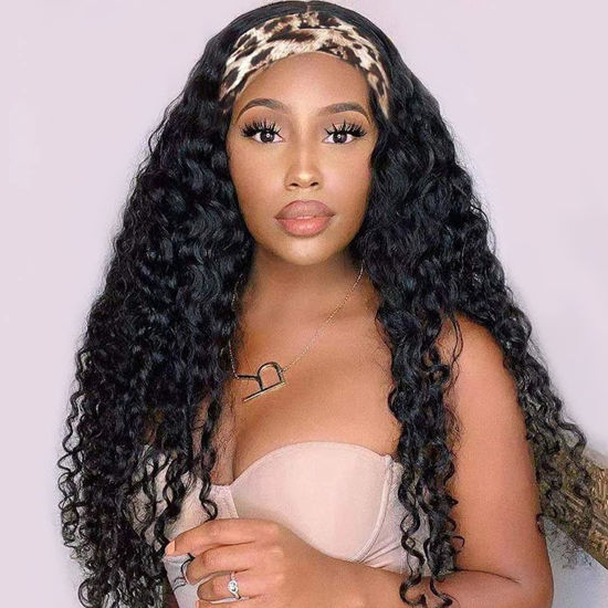 Picture of Headband Wig Human Hair Brazilian Deep Wave Headband Human Hair Wigs for Black Women 28 inch Glueless Non Lace Front Wig Machine Made Wigs Curly Headband Wig Deep Wave 150% Density Natural Color