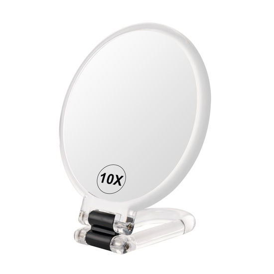 Picture of BOOMIBOO 1X/10X Magnifying Handheld Mirror Double Sided, Foldable Travel Makeup Mirror, Adjustable Rotation Pedestal Hand/Hanging/Desk Vanity Mirror-Clear