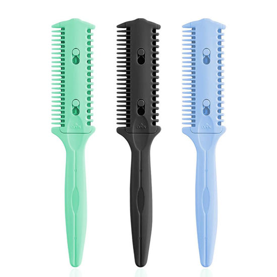 Picture of Soft 'N Style 3 Pack Double-Sided Hair Trimmer Comb - Split Ends Razor Styler for Thin and Thick Hair Cutting and Styling (Green, Black, Blue)