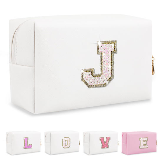 Picture of Small Initial Patch Makeup Bag Personalized Gifts Make Up Bag,White Cute PU Leather Glitter Letter Cosmetic Bag with Zipper,Trendy Portable Travel Toiletry Pouch,Preppy Stuff for Teen Girls Women J