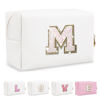 Picture of Small Initial Patch Makeup Bag Personalized Gifts Make Up Bag,White Cute PU Leather Glitter Letter Cosmetic Bag with Zipper,Trendy Portable Travel Toiletry Pouch,Preppy Stuff for Teen Girls Women M