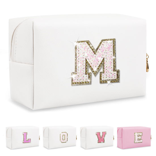 Picture of Small Initial Patch Makeup Bag Personalized Gifts Make Up Bag,White Cute PU Leather Glitter Letter Cosmetic Bag with Zipper,Trendy Portable Travel Toiletry Pouch,Preppy Stuff for Teen Girls Women M