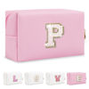 Picture of Small Personalized Initial A-Z Patch Makeup Bag,Pink Cute PU Leather Glitter Letter Cosmetic Bag for Teen Girls,Travel Toiletry Bag with Zipper,Preppy Monogrammed Birthday Gift for Daughter Niece P