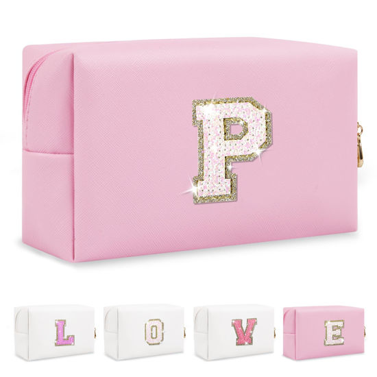 Picture of Small Personalized Initial A-Z Patch Makeup Bag,Pink Cute PU Leather Glitter Letter Cosmetic Bag for Teen Girls,Travel Toiletry Bag with Zipper,Preppy Monogrammed Birthday Gift for Daughter Niece P