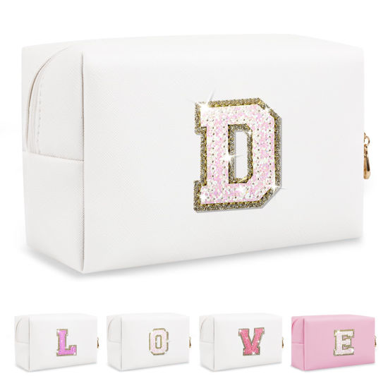 Picture of Small Initial Patch Makeup Bag Personalized Gifts Make Up Bag,White Cute PU Leather Glitter Letter Cosmetic Bag with Zipper,Trendy Portable Travel Toiletry Pouch,Preppy Stuff for Teen Girls Women D