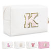 Picture of Small Initial Patch Makeup Bag Personalized Gifts Make Up Bag,White Cute PU Leather Glitter Letter Cosmetic Bag with Zipper,Trendy Portable Travel Toiletry Pouch,Preppy Stuff for Teen Girls Women K