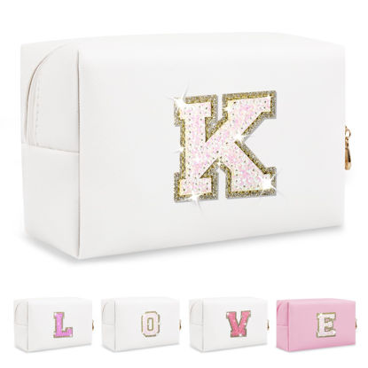 Picture of Small Initial Patch Makeup Bag Personalized Gifts Make Up Bag,White Cute PU Leather Glitter Letter Cosmetic Bag with Zipper,Trendy Portable Travel Toiletry Pouch,Preppy Stuff for Teen Girls Women K