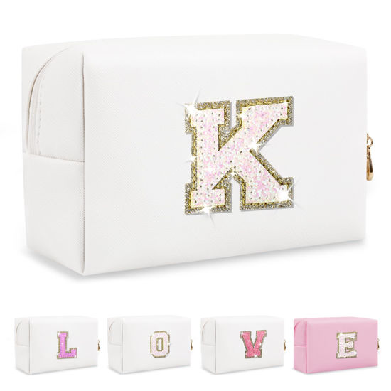 Picture of Small Initial Patch Makeup Bag Personalized Gifts Make Up Bag,White Cute PU Leather Glitter Letter Cosmetic Bag with Zipper,Trendy Portable Travel Toiletry Pouch,Preppy Stuff for Teen Girls Women K
