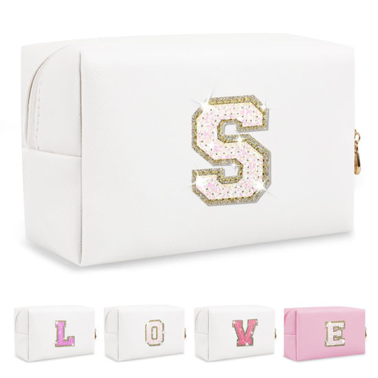 Picture of Small Initial Patch Makeup Bag Personalized Gifts Make Up Bag,White Cute PU Leather Glitter Letter Cosmetic Bag with Zipper,Trendy Portable Travel Toiletry Pouch,Preppy Stuff for Teen Girls Women S