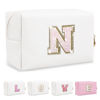Picture of Small Initial Patch Makeup Bag Personalized Gifts Make Up Bag,White Cute PU Leather Glitter Letter Cosmetic Bag with Zipper,Trendy Portable Travel Toiletry Pouch,Preppy Stuff for Teen Girls Women N