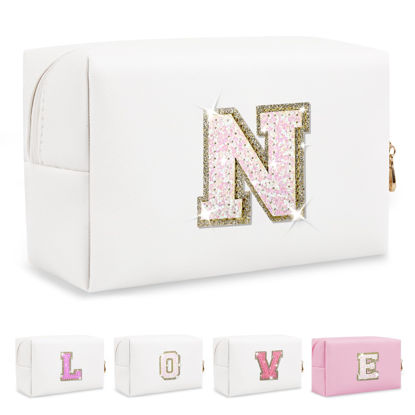 Picture of Small Initial Patch Makeup Bag Personalized Gifts Make Up Bag,White Cute PU Leather Glitter Letter Cosmetic Bag with Zipper,Trendy Portable Travel Toiletry Pouch,Preppy Stuff for Teen Girls Women N