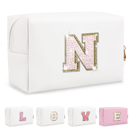 Picture of Small Initial Patch Makeup Bag Personalized Gifts Make Up Bag,White Cute PU Leather Glitter Letter Cosmetic Bag with Zipper,Trendy Portable Travel Toiletry Pouch,Preppy Stuff for Teen Girls Women N