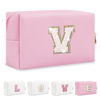 Picture of Small Personalized Initial A-Z Patch Makeup Bag,Pink Cute PU Leather Glitter Letter Cosmetic Bag for Teen Girls,Travel Toiletry Bag with Zipper,Preppy Monogrammed Birthday Gift for Daughter Niece V