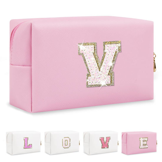 Picture of Small Personalized Initial A-Z Patch Makeup Bag,Pink Cute PU Leather Glitter Letter Cosmetic Bag for Teen Girls,Travel Toiletry Bag with Zipper,Preppy Monogrammed Birthday Gift for Daughter Niece V