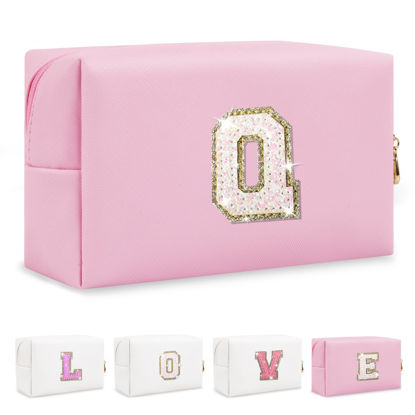 Picture of Small Personalized Initial A-Z Patch Makeup Bag,Pink Cute PU Leather Glitter Letter Cosmetic Bag for Teen Girls,Travel Toiletry Bag with Zipper,Preppy Monogrammed Birthday Gift for Daughter Niece Q
