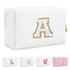 Picture of Small Initial Patch Makeup Bag Personalized Gifts Make Up Bag,White Cute PU Leather Glitter Letter Cosmetic Bag with Zipper,Trendy Portable Travel Toiletry Pouch,Preppy Stuff for Teen Girls Women A