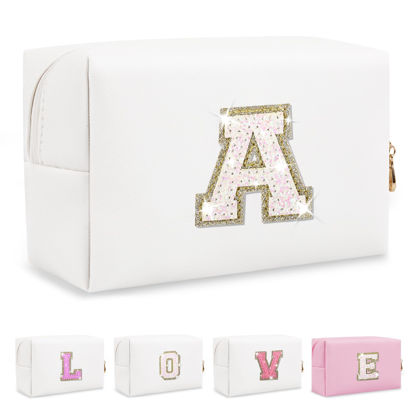 Picture of Small Initial Patch Makeup Bag Personalized Gifts Make Up Bag,White Cute PU Leather Glitter Letter Cosmetic Bag with Zipper,Trendy Portable Travel Toiletry Pouch,Preppy Stuff for Teen Girls Women A