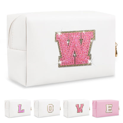 Picture of Small Initial Patch Makeup Bag Personalized Gifts Make Up Bag,White Cute PU Leather Glitter Letter Cosmetic Bag with Zipper,Trendy Portable Travel Toiletry Pouch,Preppy Stuff for Teen Girls Women W