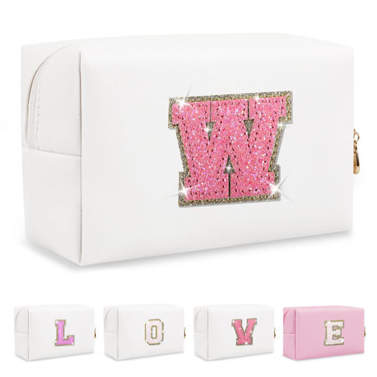Picture of Small Initial Patch Makeup Bag Personalized Gifts Make Up Bag,White Cute PU Leather Glitter Letter Cosmetic Bag with Zipper,Trendy Portable Travel Toiletry Pouch,Preppy Stuff for Teen Girls Women W