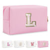 Picture of Small Personalized Initial A-Z Patch Makeup Bag,Pink Cute PU Leather Glitter Letter Cosmetic Bag for Teen Girls,Travel Toiletry Bag with Zipper,Preppy Monogrammed Birthday Gift for Daughter Niece L