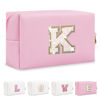 Picture of Small Personalized Initial A-Z Patch Makeup Bag,Pink Cute PU Leather Glitter Letter Cosmetic Bag for Teen Girls,Travel Toiletry Bag with Zipper,Preppy Monogrammed Birthday Gift for Daughter Niece K