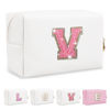 Picture of Small Initial Patch Makeup Bag Personalized Gifts Make Up Bag,White Cute PU Leather Glitter Letter Cosmetic Bag with Zipper,Trendy Portable Travel Toiletry Pouch,Preppy Stuff for Teen Girls Women V