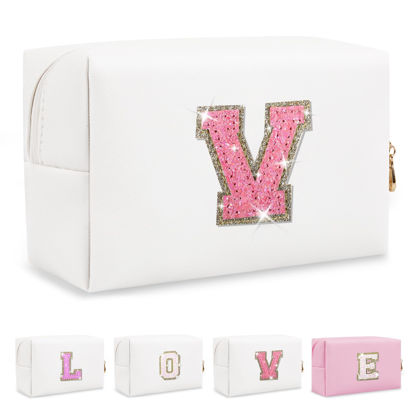 Picture of Small Initial Patch Makeup Bag Personalized Gifts Make Up Bag,White Cute PU Leather Glitter Letter Cosmetic Bag with Zipper,Trendy Portable Travel Toiletry Pouch,Preppy Stuff for Teen Girls Women V