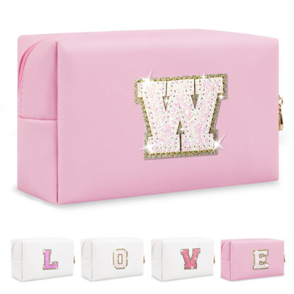 Picture of Small Personalized Initial A-Z Patch Makeup Bag,Pink Cute PU Leather Glitter Letter Cosmetic Bag for Teen Girls,Travel Toiletry Bag with Zipper,Preppy Monogrammed Birthday Gift for Daughter Niece W
