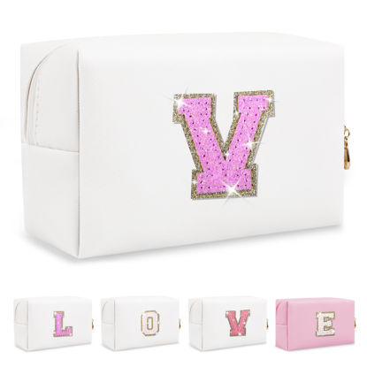 Picture of Small Initial Patch Makeup Bag Personalized Gifts Make Up Bag,White Cute PU Leather Glitter Letter Cosmetic Bag with Zipper,Trendy Portable Travel Toiletry Pouch,Preppy Stuff for Teen Girls Women V