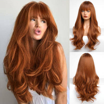 Picture of HAIRCUBE Auburn Wig with Bangs for Women Auburn Long Wavy Hair Wig Wig Curly Wavy Synthetic Wigs for Girls Daily Party Use