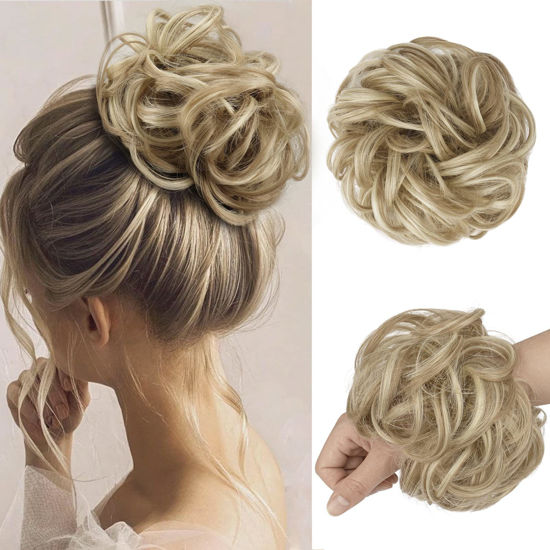 Picture of FESHFEN Messy Bun Hair Piece - Large Wavy Curly Elastic Hair Bun Scrunchies Ponytail Extensions Synthetic Chignon Hairpieces for Women, Light Ash Brown & Bleach Blonde 1.94oz
