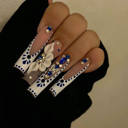 Picture of RUOKEXIN Long Nail Press ons Square Press on Nails White French Fake Nails Nude Full Cover False Nails with 3D Flower Butterfly Designs Sparkly Glue on Nails Fall Winter Stick on Nails for Women 24Pcs