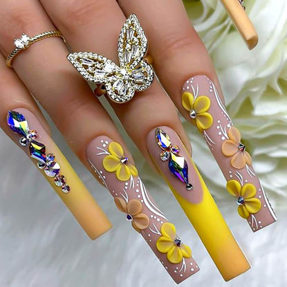 Picture of RUOKEXIN Long Press on Nails Square Fake Nails Orange French False Nails with Rhinestones Designs Fall Nail Press ons Long Glue on Nails Long Fall Artificial Nails Cute Stick on Nails for Women 24Pcs