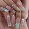 Picture of RUOKEXIN Long Coffin Press on Nails French Tip Fake Nails Ombre False Nails with 3D Butterfly Designs Pink Smudge Artificial Nails Glossy Glue on Nails Summer Stick on Nails for Women 24Pcs