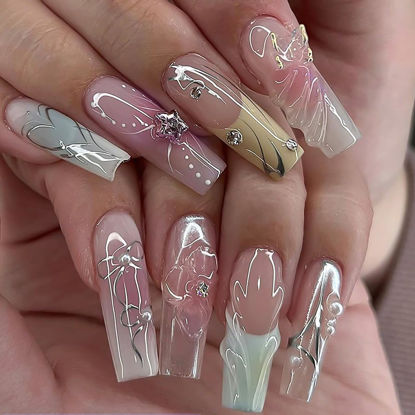 Picture of RUOKEXIN Long Coffin Press on Nails French Tip Fake Nails Ombre False Nails with 3D Butterfly Designs Pink Smudge Artificial Nails Glossy Glue on Nails Summer Stick on Nails for Women 24Pcs