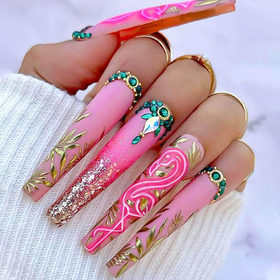 Picture of RUOKEXIN Long Press on Nails Coffin Fake Nails Pink False Nails with Gold Leaf Designs Long Nail Press ons Glitter Glue on Nails Glossy Artificial Nails Fall Cute Stick on Nails for Women 24Pcs