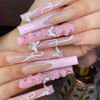Picture of RUOKEXIN Pink French Tip Press on Nails Long Coffin Fake Nails Acrylic False Nails with 3D Silver Butterfly Designs Glitter Nail Press ons Glossy Artificial Nails Summer Stick on Nails for Women 24Pcs