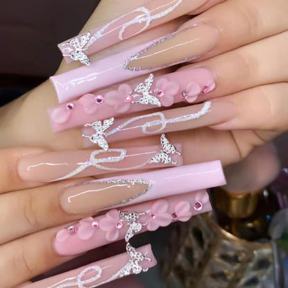 Picture of RUOKEXIN Pink French Tip Press on Nails Long Coffin Fake Nails Acrylic False Nails with 3D Silver Butterfly Designs Glitter Nail Press ons Glossy Artificial Nails Summer Stick on Nails for Women 24Pcs