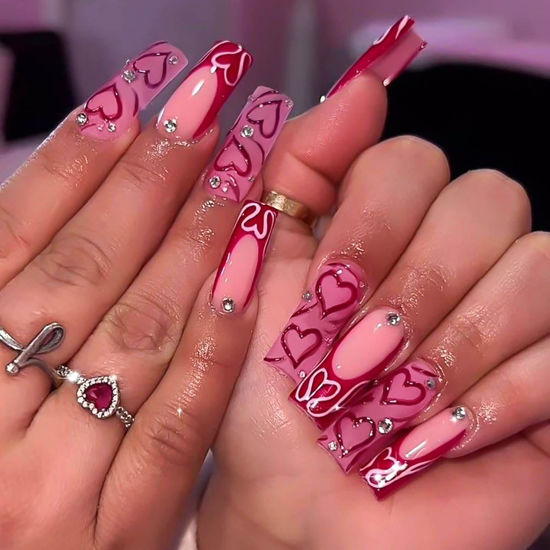Picture of RUOKEXIN Valentine Pink Press on Nails Long Square Fake Nails French Tip False Nails with Heart Designs Sparkly Artificial Nails Valentine Day Glue on Nails Cute Stick on Nails for Women 24Pcs